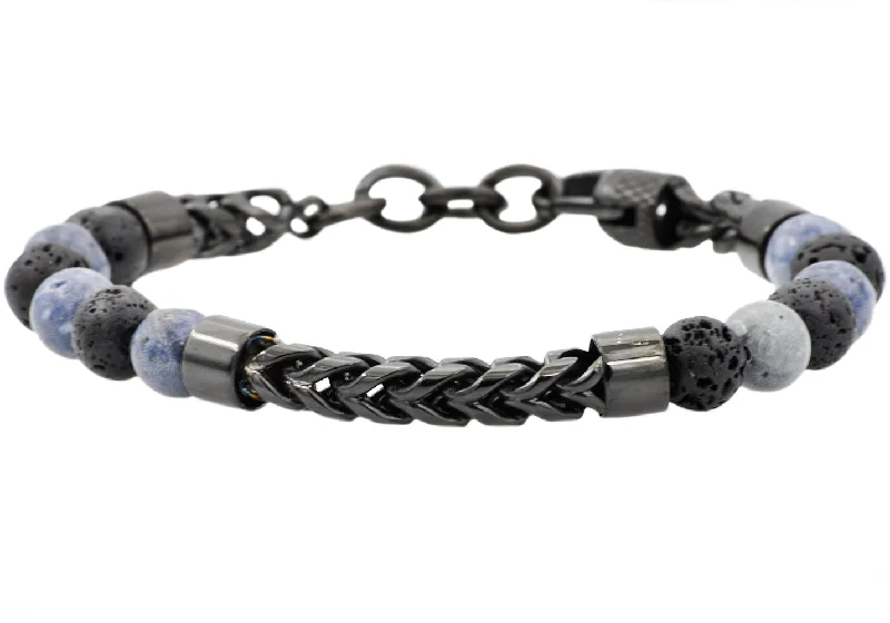 Women’s zodiac bracelet-Mens Genuine Labradorite And Onyx Black Plated Stainless Steel Beaded And Franco Link Chain Bracelet With Adjustable Clasp