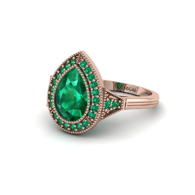 Women’s bridal wedding ring set-Pear Cut Emerald Milgrain Halo Engagement Ring - Daleyza No. 20