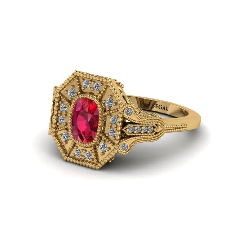 Women’s halo ring engagement-Ruby Cushion Cut Art Deco Engagement Ring - Alicia No. 10