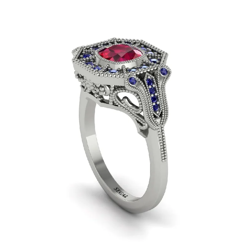 Women’s oval diamond ring-Ruby Cushion Cut Art Deco Engagement Ring - Kristin No. 72