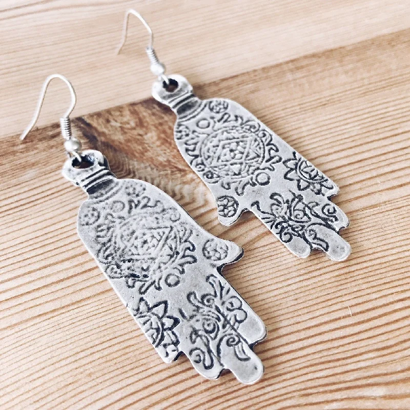 Women’s pearl drop earrings-Anatolian Boho Earrings - "Ornate Hamsa"