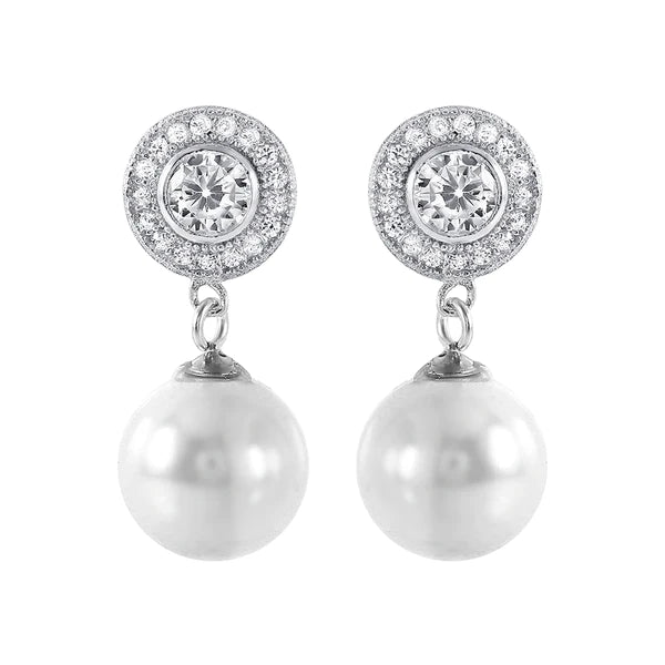 Women’s vintage earrings-Silver 925 Rhodium Plated Pearl CZ Cluster Earrings