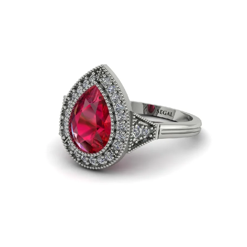 Women’s heart-shaped engagement ring-Pear Cut Ruby Milgrain Halo Engagement Ring - Daleyza No. 12