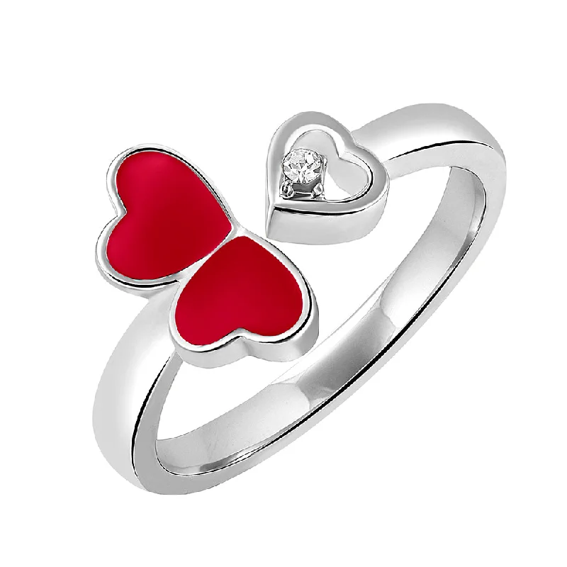 Women’s chic ring-Mahi Tripple Heart Red Meena Work Silver Color Adjustable Finger Ring for Women (FR1103130RRed)