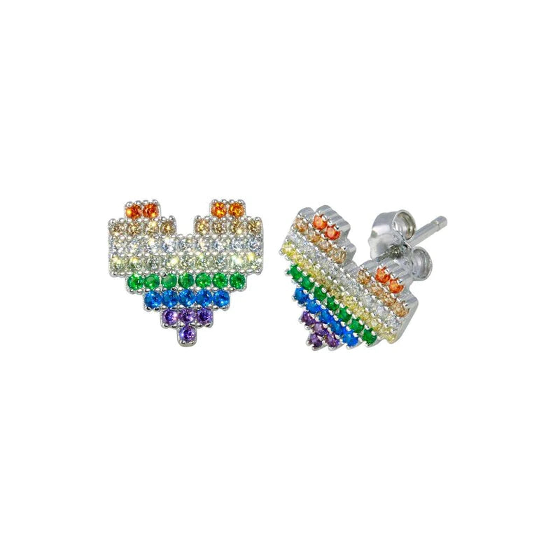 Women’s colorful hoop earrings-Silver 925 Rhodium Plated Heart Multi Color CZ StudEarrings