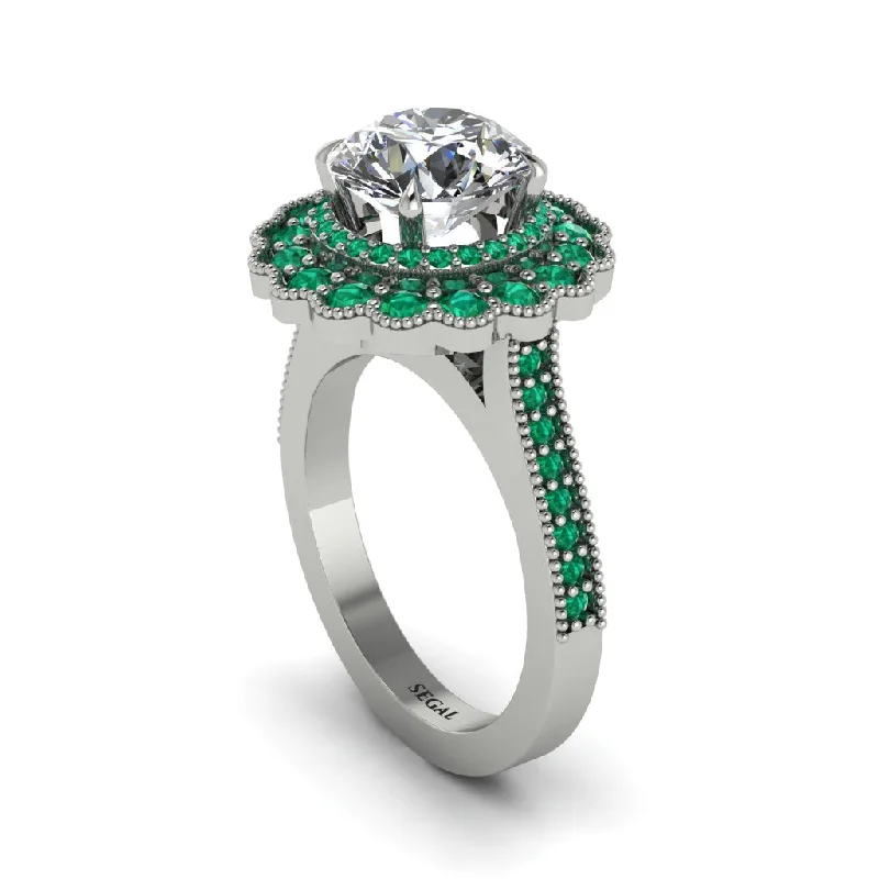 Women’s halo diamond engagement ring-Emerald Double Halo Cathedral Engagement Ring - Deirdre No. 18