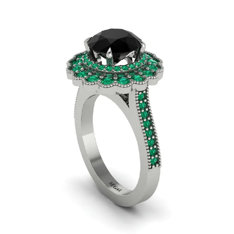 Women’s three-stone diamond ring-Emerald Double Halo Cathedral Engagement Ring - Deirdre No. 24