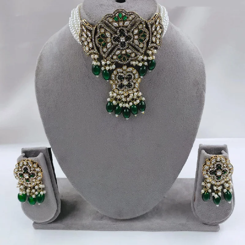 Women’s white gold necklace-FS Collection Gold Plated Kundan Stone And Pearls Choker Necklace Set