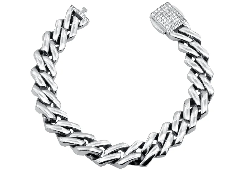 Women’s chunky gold bracelet-Mens 14mm Stainless Steel Closed Link Curb Chain Bracelet With Cubic Zirconia Embedded Box Clasp