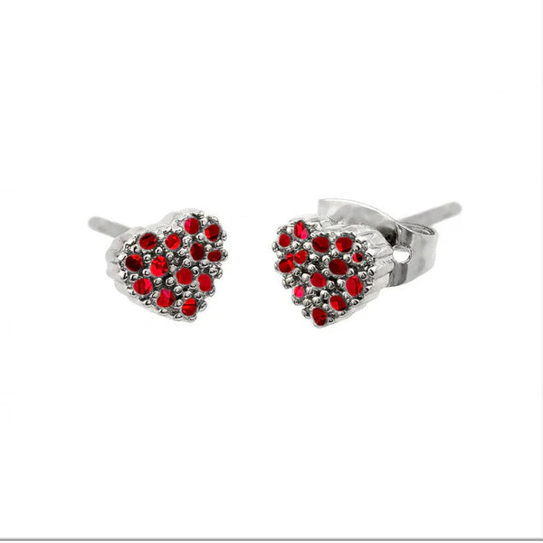 Women’s colorful gemstone earrings-Silver 925 Rhodium Plated Red Heart Black Prongs CZ Earrings