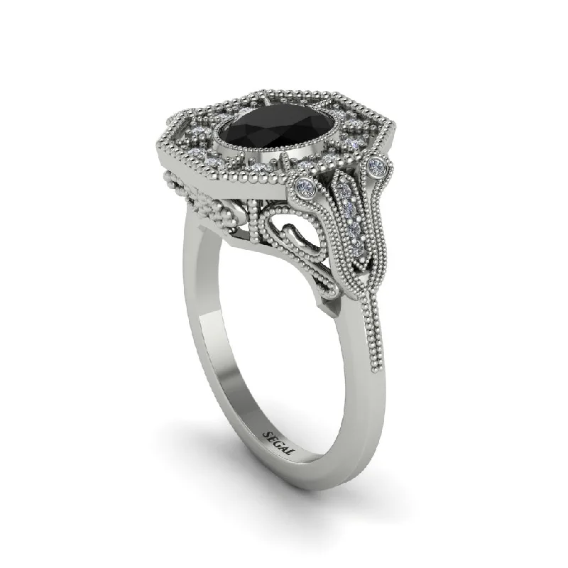 Women’s affordable wedding ring-Black Diamond Oval Cut Art Deco Engagement Ring - Tabitha No. 9