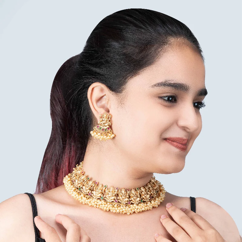 Women’s infinity loop necklace-Nipura Golden Shree Ganesh Pearl Necklace set