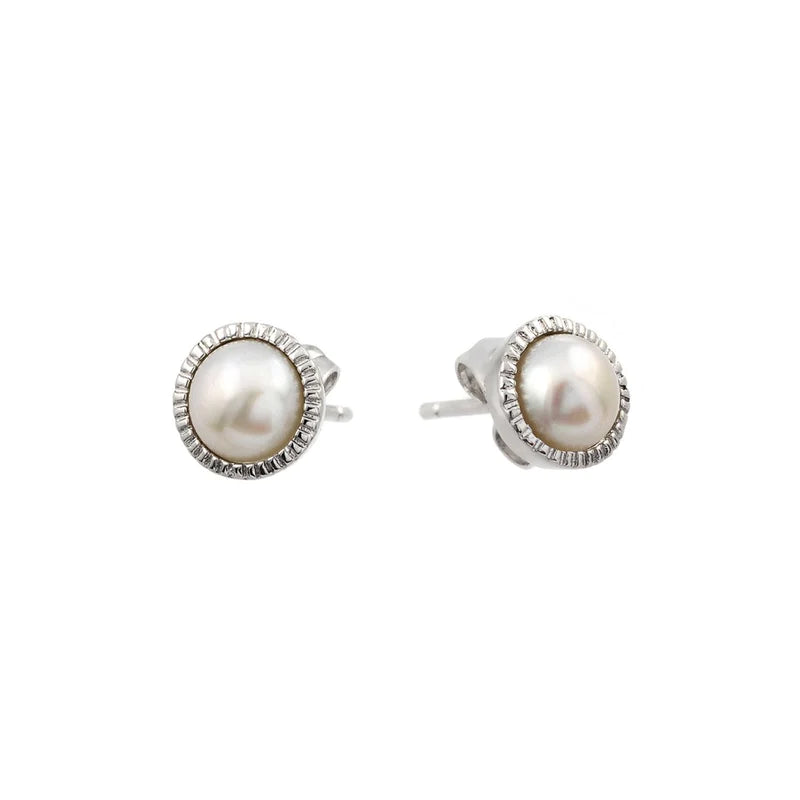 Women’s bar earrings-Silver 925 Rhodium Plated Round CZ Inlay Center Fresh Water Pearl Stud Earrings