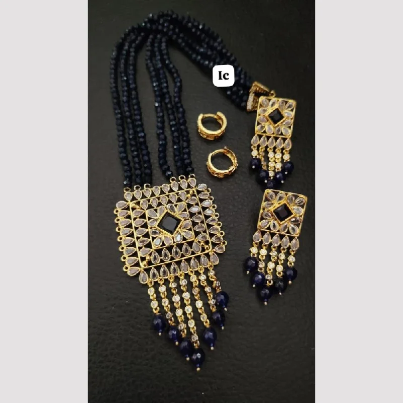 Women’s statement necklace-FS Collection Gold Plated Crystal Stone And Beads Long Necklace Set