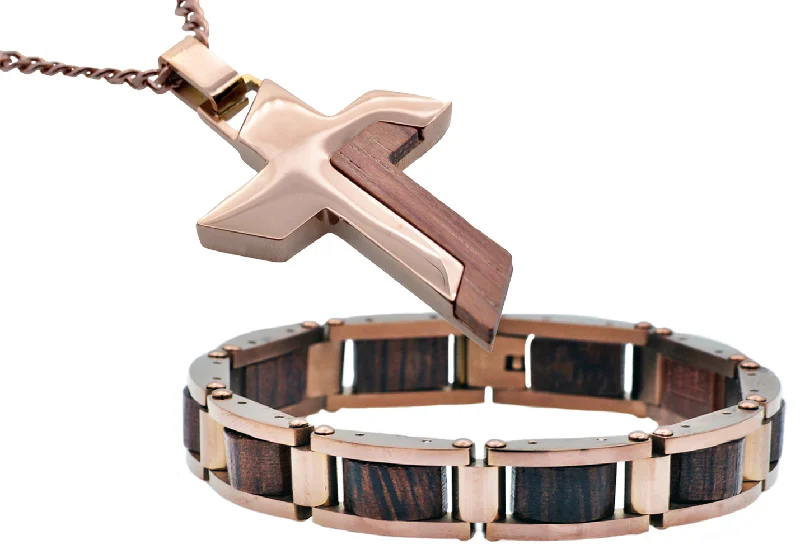 Women’s chic gold bracelet-Mens Wood And Chocolate Stainless Steel Cross Pendant And Bracelet Set