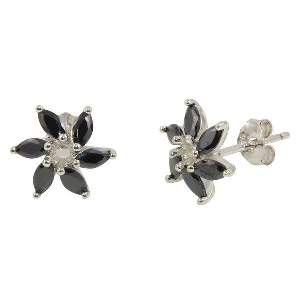 Women’s long drop earrings-Sterling Silver 925 Rhodium Plated Black 6 Petal Flower Stud Earrings