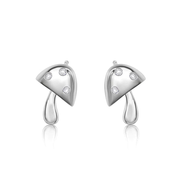 Women’s triangle earrings-Silver 925 Rhodium Plated Mushroom Clear CZ Stud Earrings