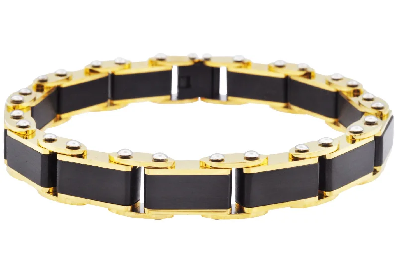 Women’s classic bracelet-Mens Two Tone Black And Gold Stainless Steel Bracelet With Pins