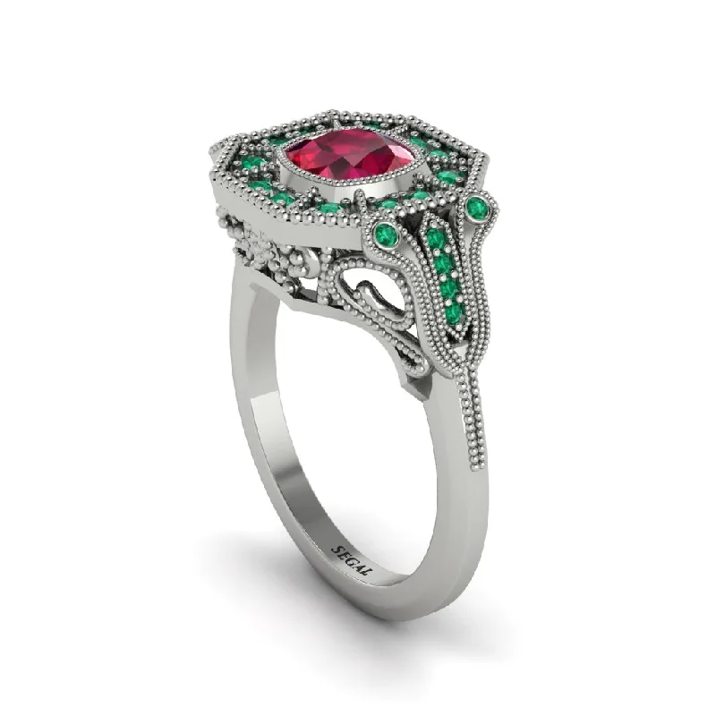 Women’s forever engagement ring-Ruby Cushion Cut Art Deco Engagement Ring - Kristin No. 27