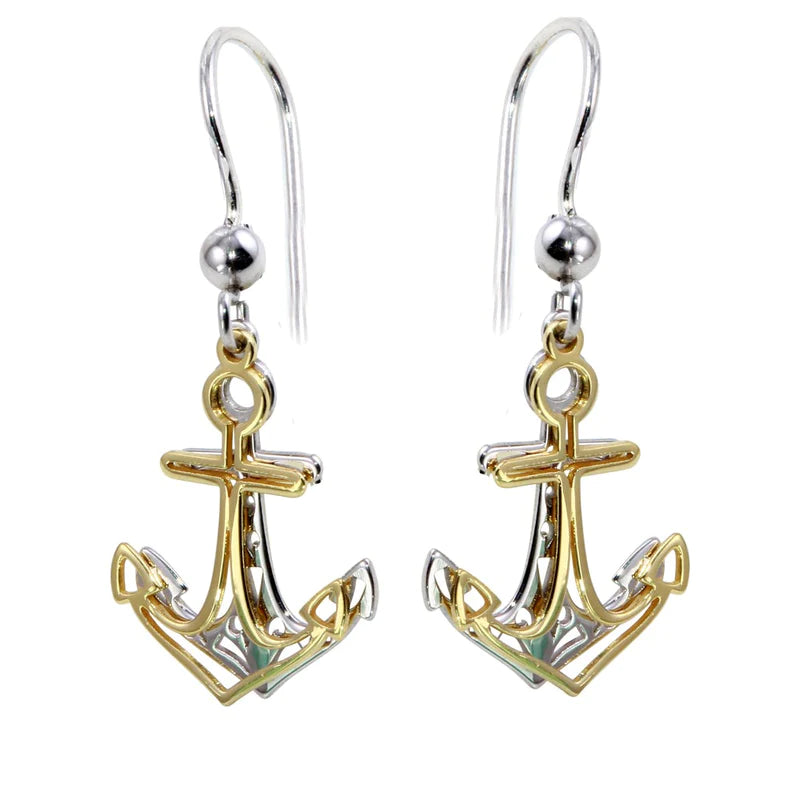 Women’s silver drop earrings-Silver 925 Two-Toned Flat Anchor Earrings