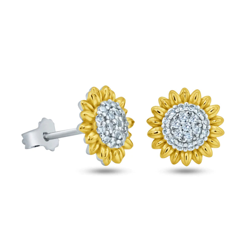 Women’s vintage-inspired earrings-Sterling Silver Rhodium Plated 2 Toned Sunflower CZ Stud Earrings