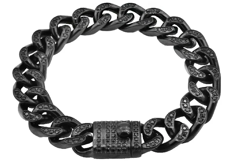 Women’s round bangle-Mens Black Stainless Steel Curb Link Chain Bracelet With Cubic Zirconia