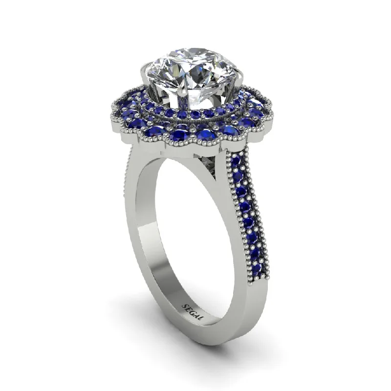 Women’s round solitaire diamond engagement ring-Sapphire Double Halo Cathedral Engagement Ring - Deirdre No. 63