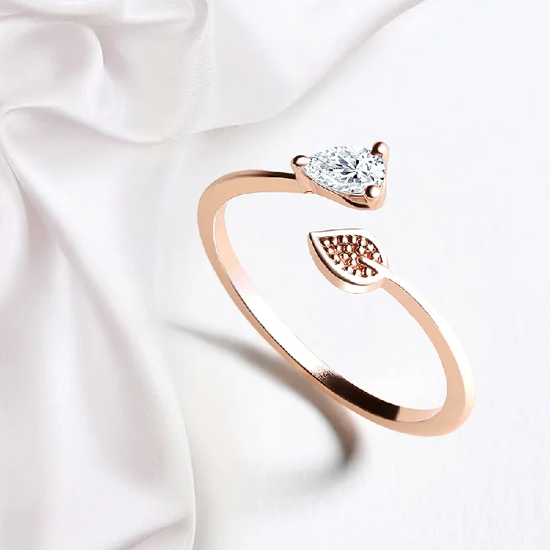 Women’s diamond halo ring-Mahi Rose Gold Plated Leaf Shaped Adjustable Finger Ring with Cubic Zirconia for Women (FR1103165ZWhi)