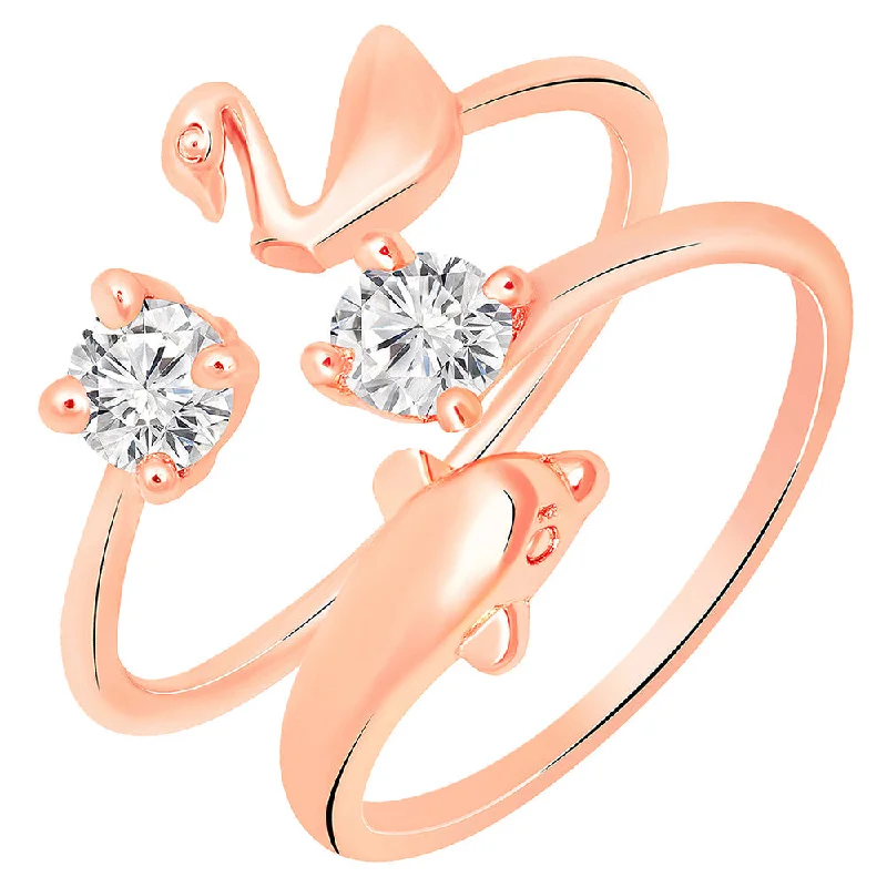 Women’s pearl ring-Mahi Rose Gold Plated Combo of Duck and Dolphin Shaped Adjustable Finger Ring with Cubic Zirconia for Women (CO1105441Z)