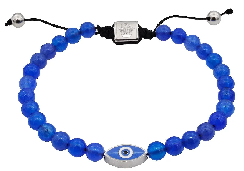 Women’s mixed stone bracelet-Mens Genuine Blue Agate 6mm Bead Stainless Steel Drawstring Evil Eye Bracelet