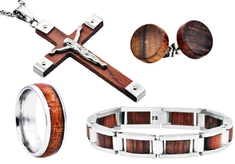 Women’s engraved gold bangle-Mens Wood And Stainless Steel Cross Pendant Bracelet Ring And Earring Set