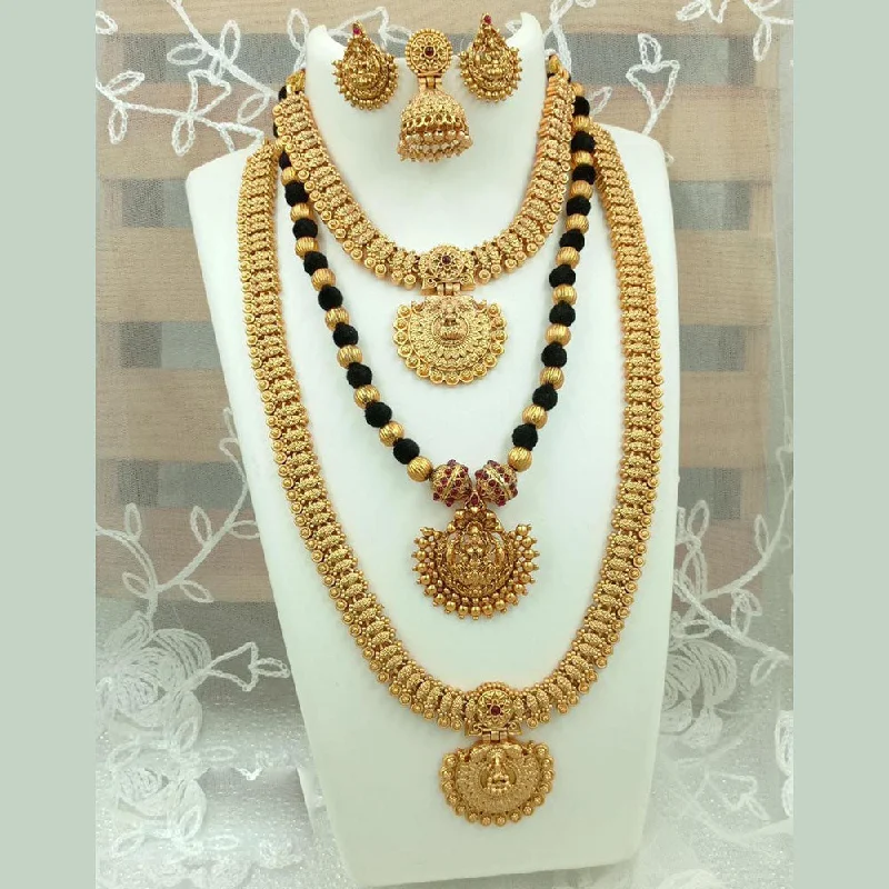 Women’s layered necklace-Fs Collection Gold Plated Pota Stone Temple Long Necklace Combo Set