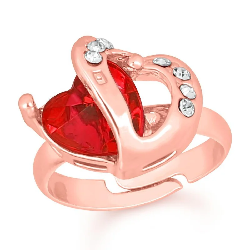 Women’s solitaire ring-Mahi Rose Gold Plated Dual Heart Love Finger Ring With Crystal Stone