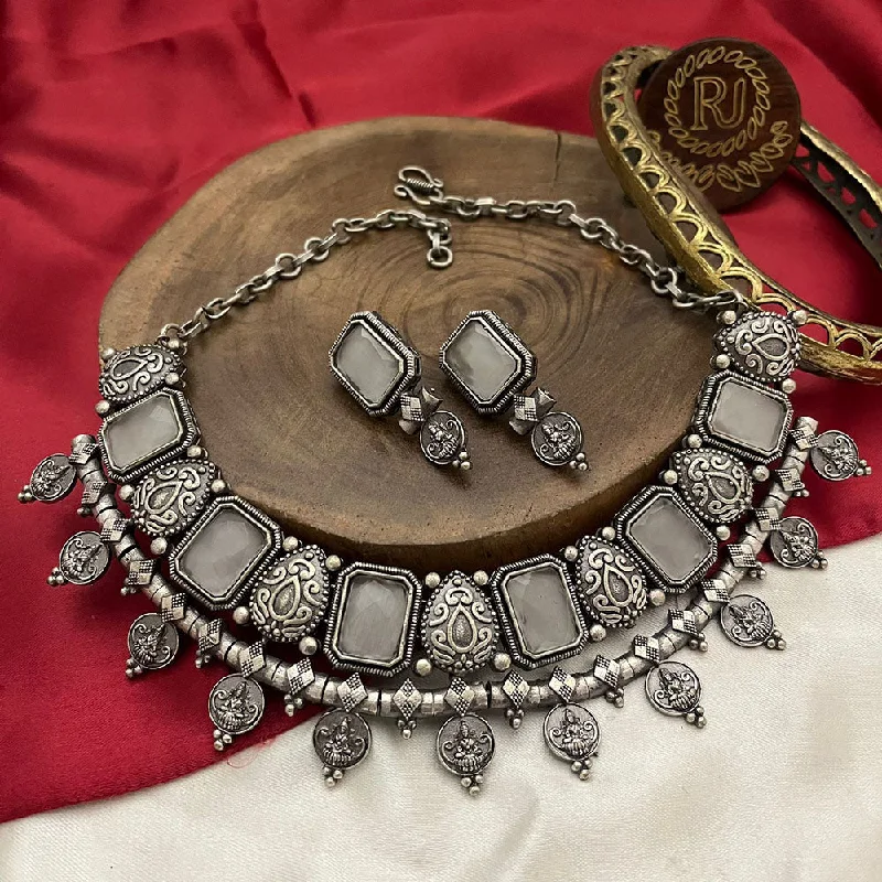 Women’s vintage-inspired necklace-FS Collection Oxidised Plated Crystal Stone Necklace Set