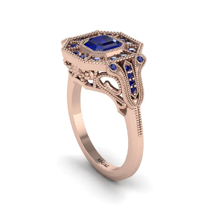 Women’s engraved engagement ring-Sapphire Emerald Cut Art Deco Engagement Ring - Dawn No. 74