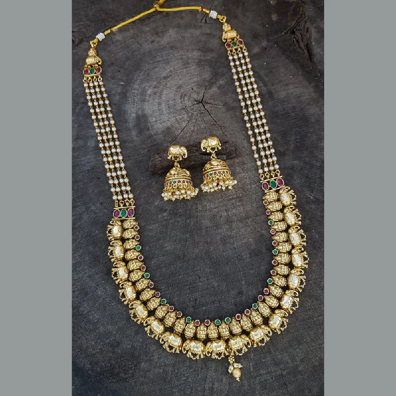 Women’s pearl chain necklace-Sangita Creation  Copper Gold  Pota Stone Temple Long  Necklace Set