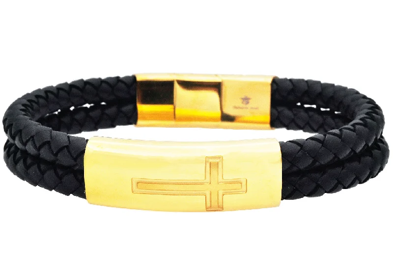 Women’s infinity bangle-Mens Gold Stainless Steel Double Strand Black Leather Cross Bracelet