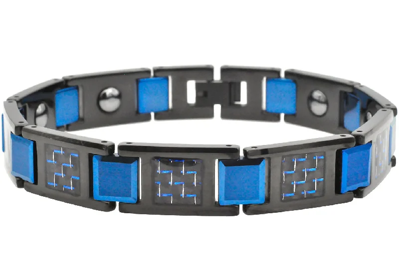 Women’s double-layer bracelet-Mens Two-Toned Black and Blue Carbon Fiber Tungsten Bracelet