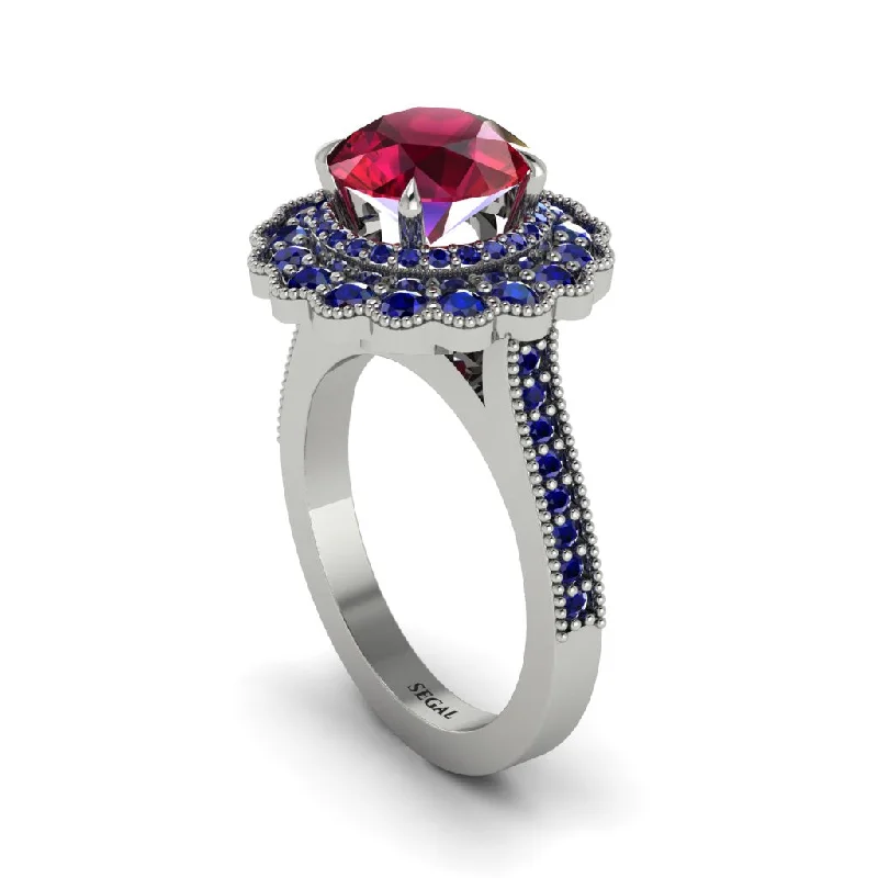 Women’s classic engagement ring-Sapphire Double Halo Cathedral Engagement Ring - Deirdre No. 72