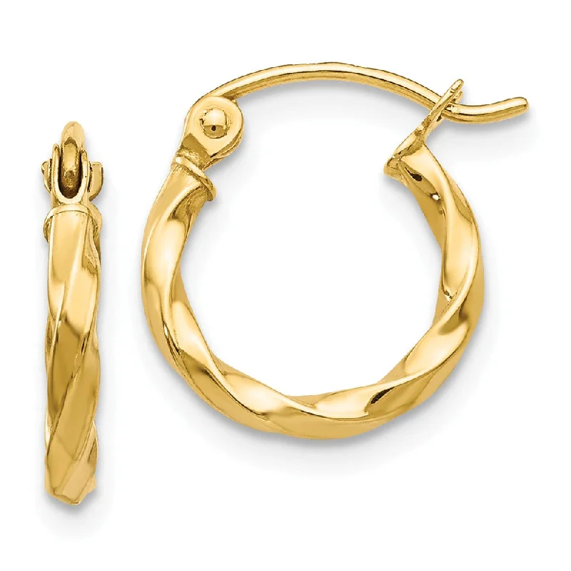 Women’s celestial earrings-2mm, Twisted 14k Yellow Gold Round Hoop Earrings, 13mm (1/2 Inch)