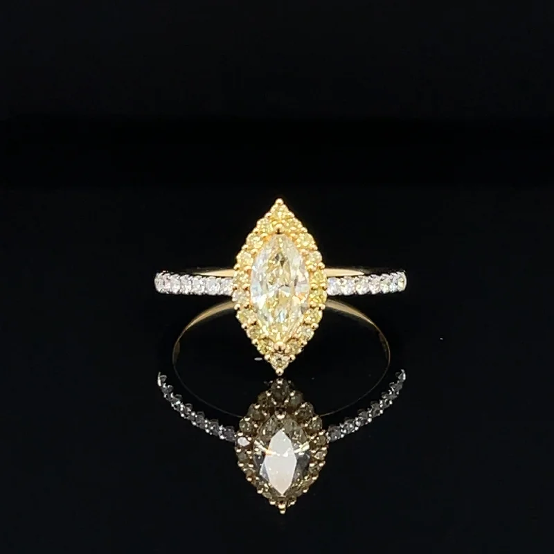 Women’s contemporary engagement ring-Fancy Yellow Diamond Marquise Halo Engagement Ring in 18k Yellow Gold - #523 - RGDIA668156