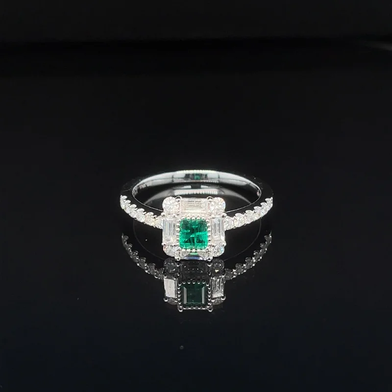 Women’s princess cut engagement ring-Emerald & Diamond Cushion Halo Engagement Ring in 18k White Gold - #607 - RGEME065955