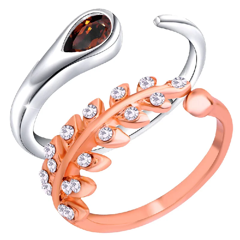 Women’s adjustable gemstone ring-Mahi Combo of Open Wrap and Leaves Shaped Adjustable Finger Rings with Cubic Zirconia for Women (CO1105450M)