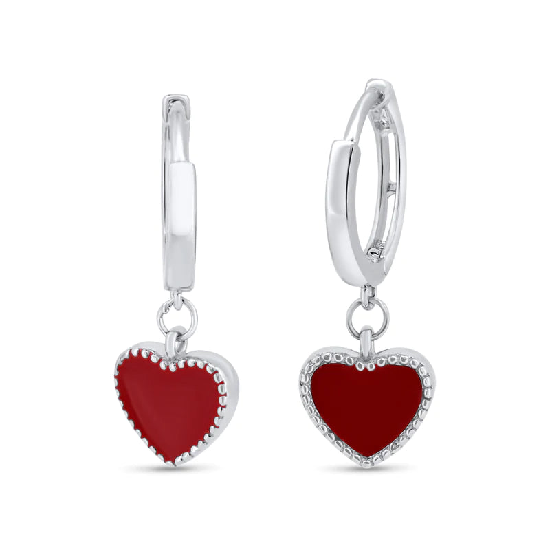 Women’s gold stud earrings-Silver 925 Rhodium Plated Red Enamel Heart 10mm Hoop Earrings