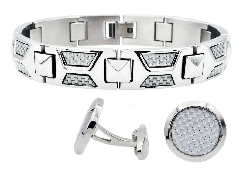 Women’s trendy bangle-Mens Stainless Steel And White Carbon Fiber Bracelet And Cufflink Set