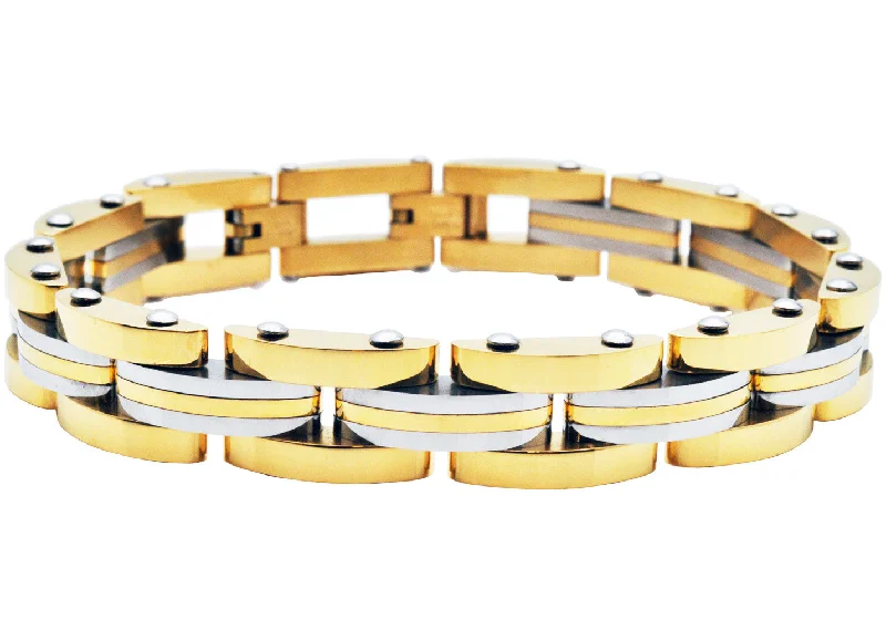 Women’s classic bracelet-Mens Two Toned Striped Gold and Stainless Steel Bracelet