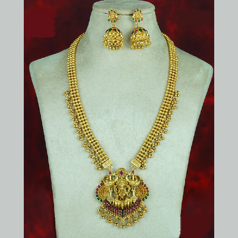 Women’s zodiac necklace-Diksha Collection Gold Plated Pota Stone Temple Long Necklace Set