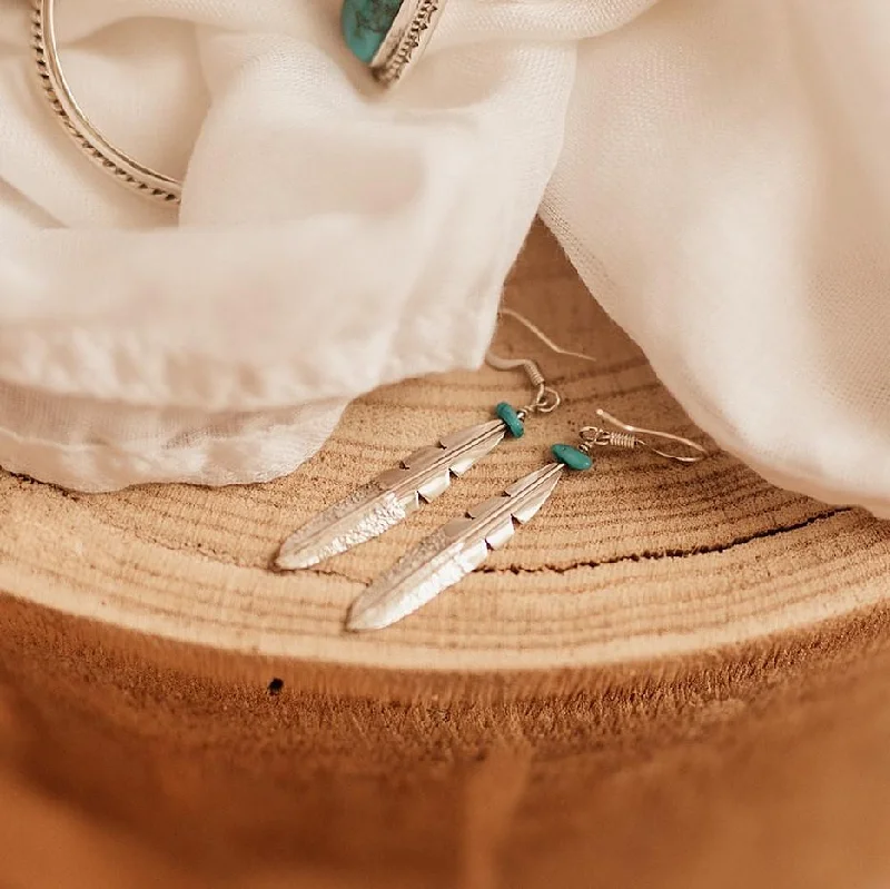 Women’s luxury diamond earrings-Navajo Feather Turquoise Earrings - Sterling Silver