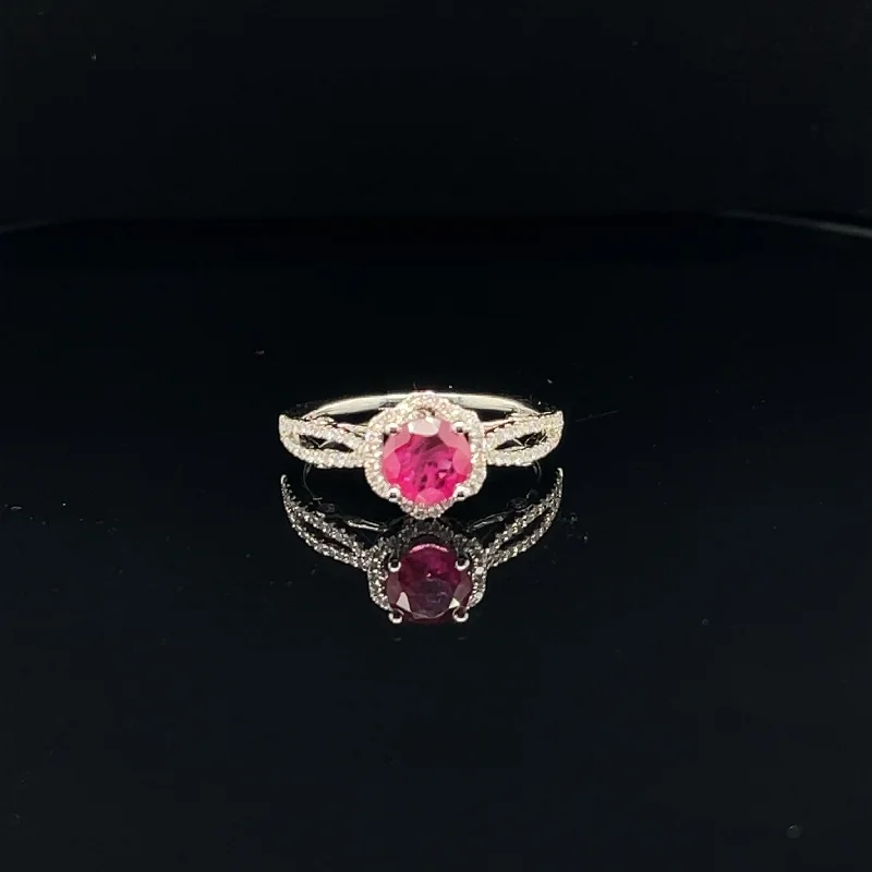 Women’s oval engagement ring-Ruby & Diamond Halo Entwined Split Shank Engagement Ring - (#104-RGRUB104765)