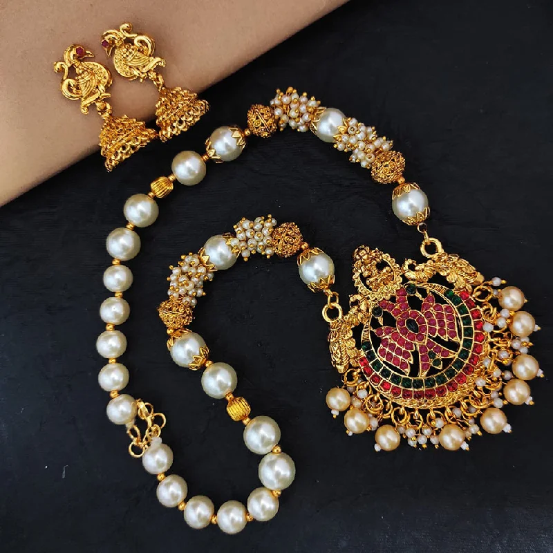 Women’s friendship necklace-Heera Jewellers Gold Plated Pota Stone Temple Necklace Set